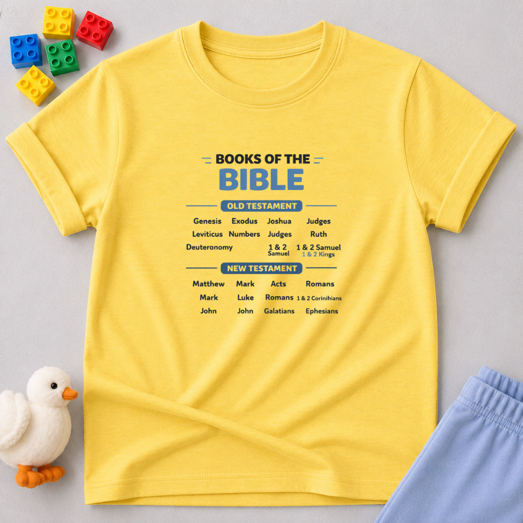 Books of the Bible Shirt Christian kids shirt in Yellow featuring an educational books of the Bible chart