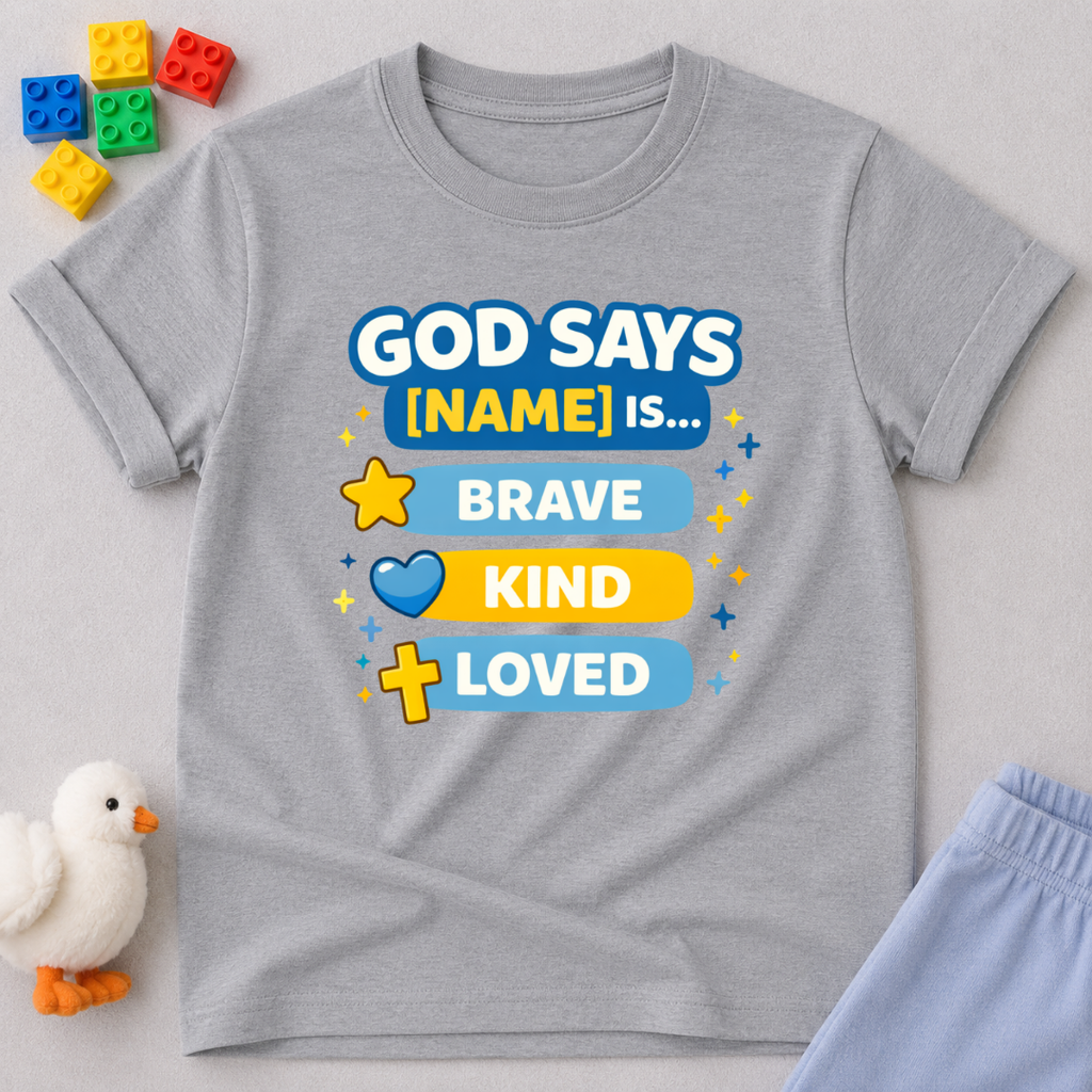 Brave And Forever Loved Christian kids shirt in Gray featuring colorful faith affirmations and biblical encouragement