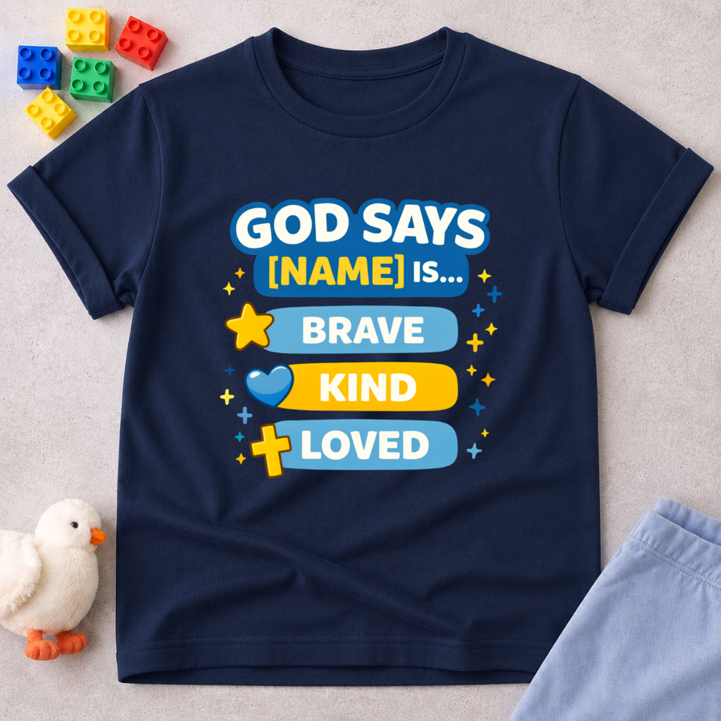 Brave And Forever Loved Christian kids shirt in Navy featuring colorful faith affirmations and biblical encouragement