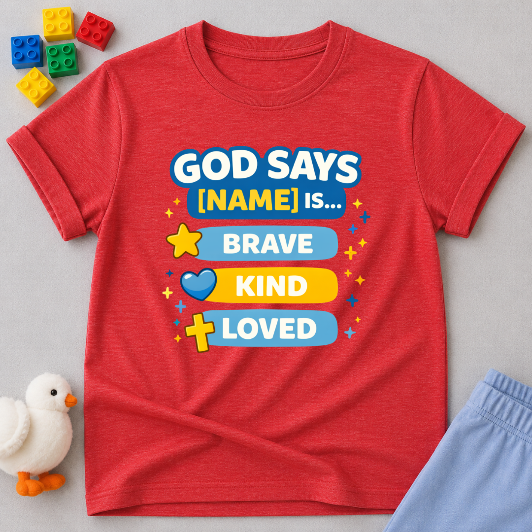 Brave And Forever Loved Christian kids shirt in Red featuring colorful faith affirmations and biblical encouragement