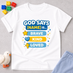Brave And Forever Loved Christian kids shirt in White featuring colorful faith affirmations and biblical encouragement