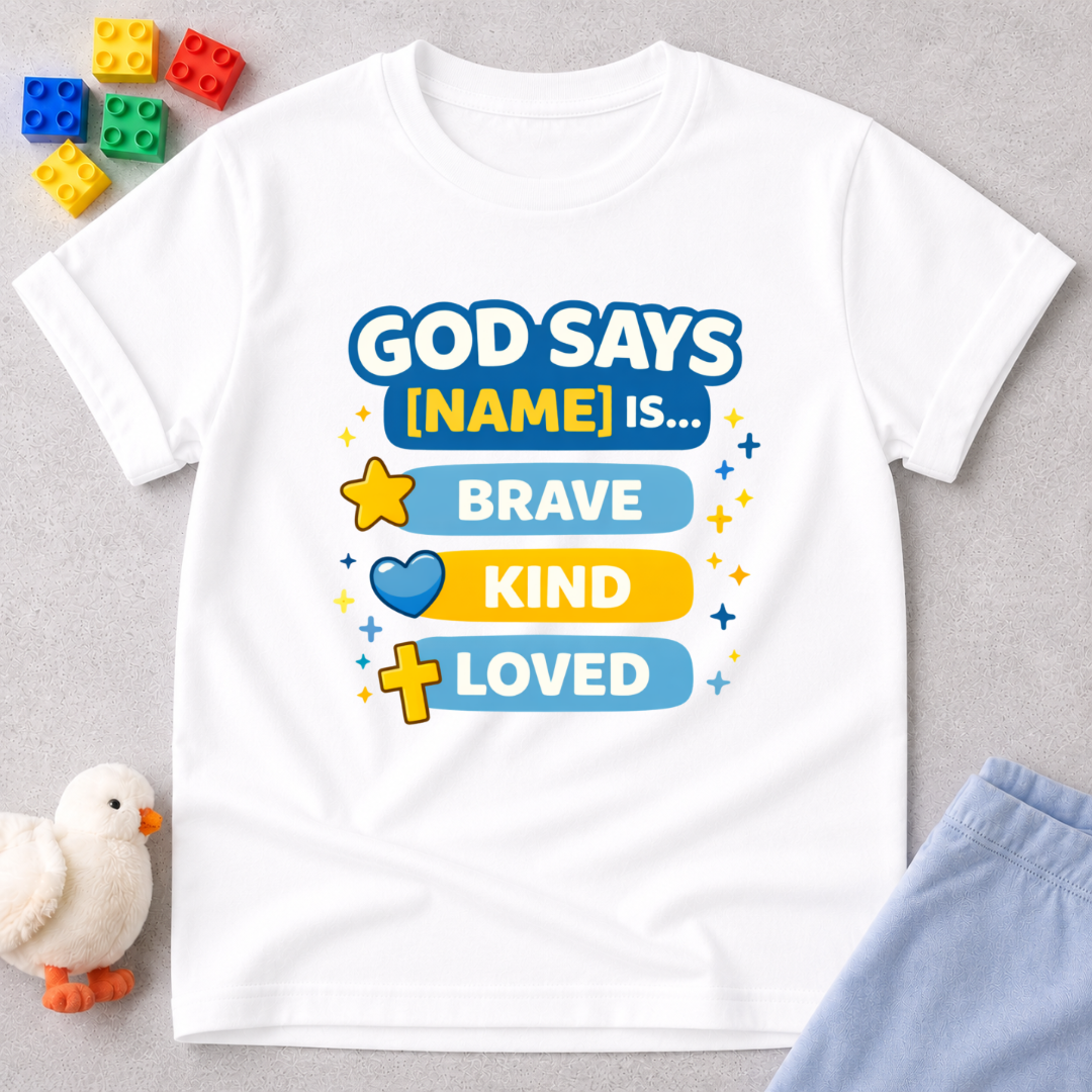 Brave And Forever Loved Christian kids shirt in White featuring colorful faith affirmations and biblical encouragement