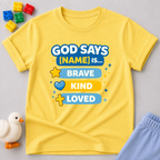 Brave And Forever Loved Christian kids shirt in Yellow featuring colorful faith affirmations and biblical encouragement