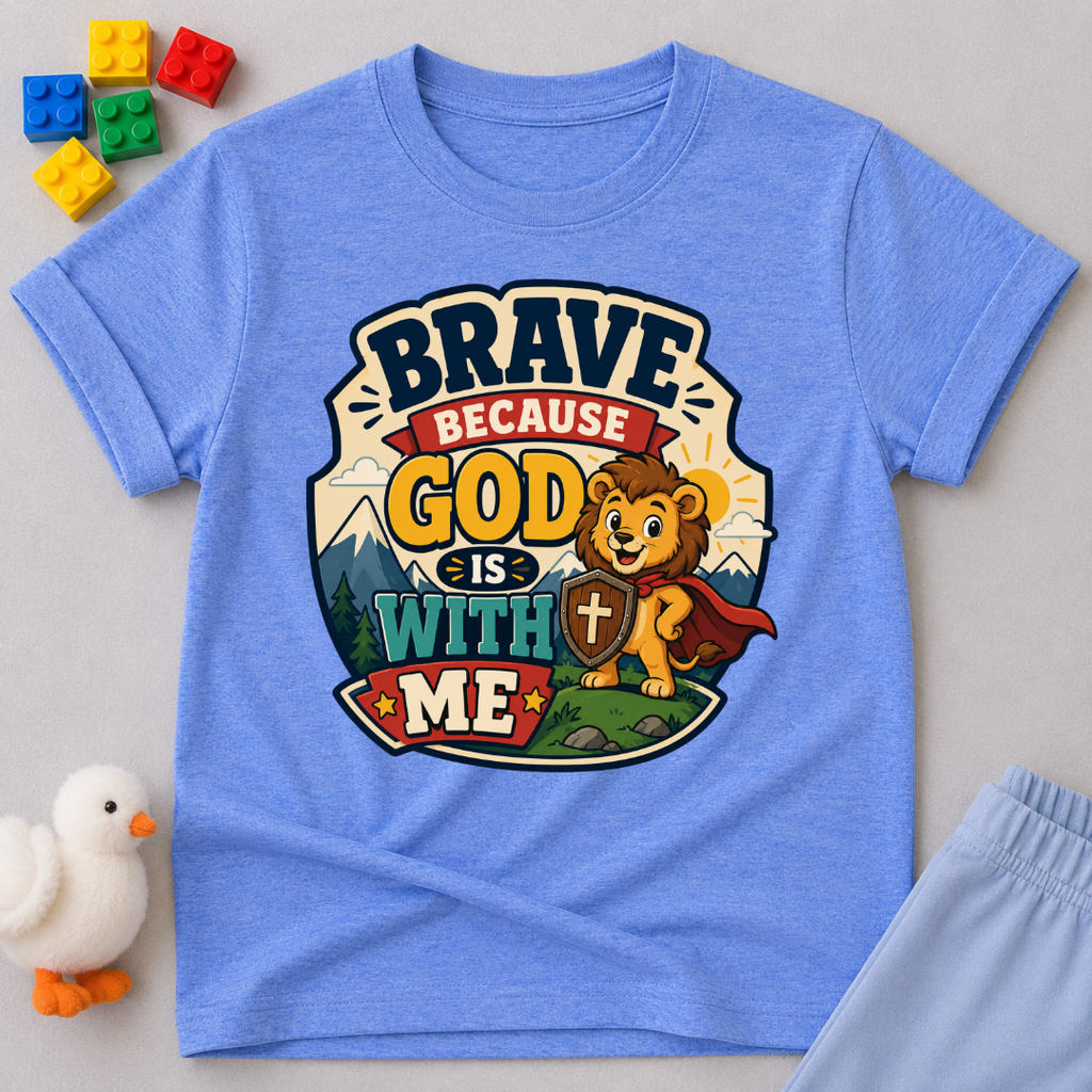 Brave Because Jesus Is With Me Christian kids shirt in blue featuring a brave lion and faith message
