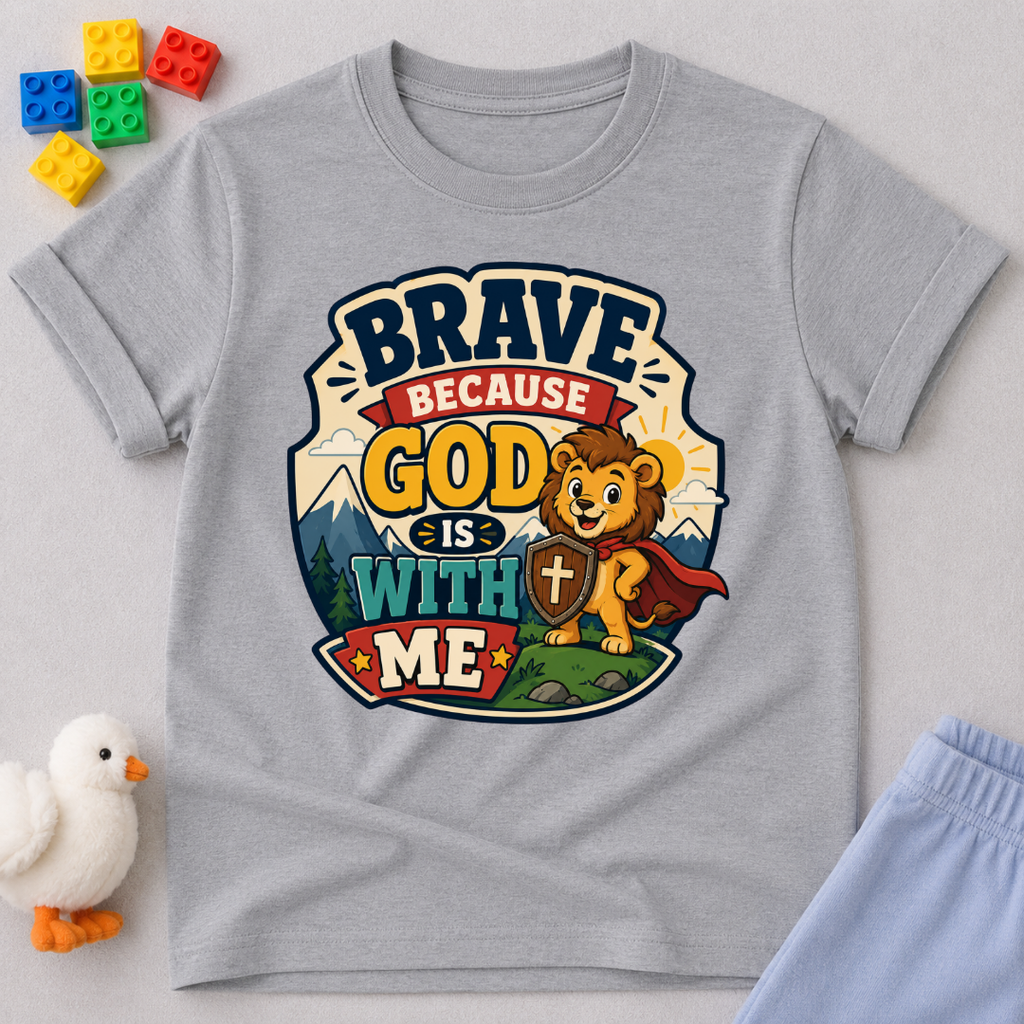 Brave Because Jesus Is With Me Christian kids shirt in gray featuring a brave lion and faith message
