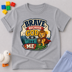 Brave Because Jesus Is With Me Christian kids shirt in gray featuring a brave lion and faith message
