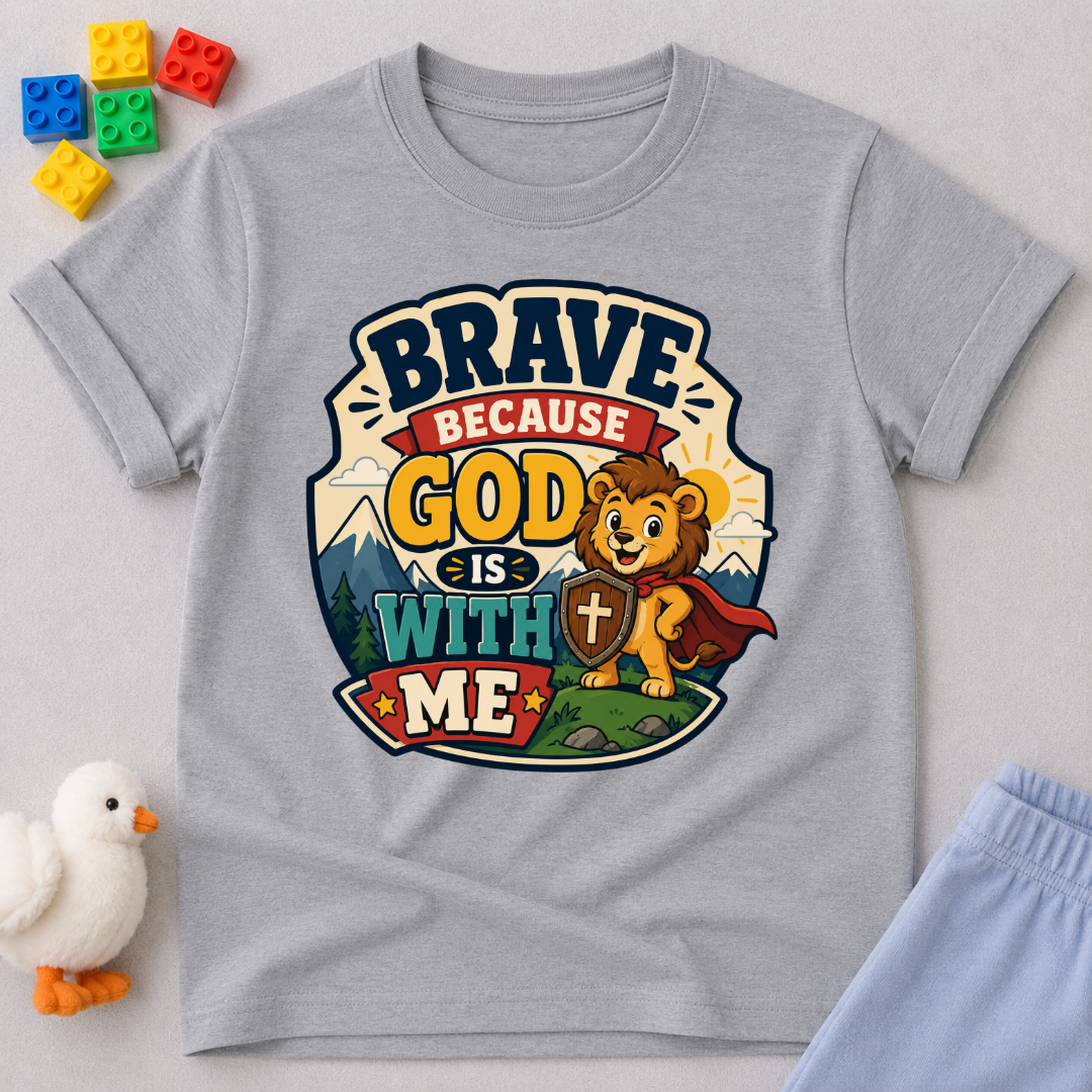 Brave Because Jesus Is With Me Christian kids shirt in gray featuring a brave lion and faith message
