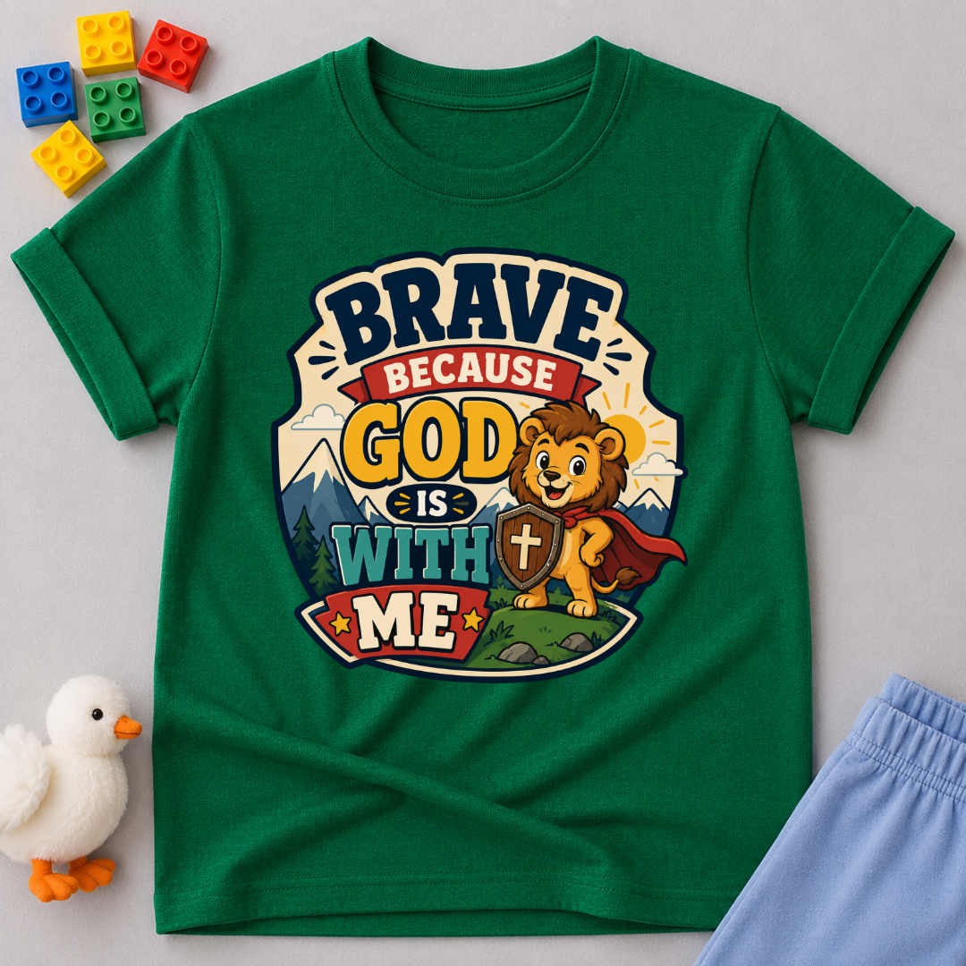 Brave Because Jesus Is With Me Christian kids shirt in green featuring a brave lion and faith message
