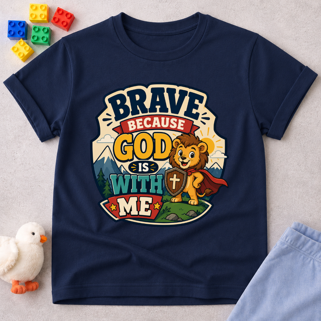 Brave Because Jesus Is With Me Christian kids shirt in navy featuring a brave lion and faith message

