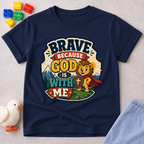 Brave Because Jesus Is With Me Christian kids shirt in navy featuring a brave lion and faith message
