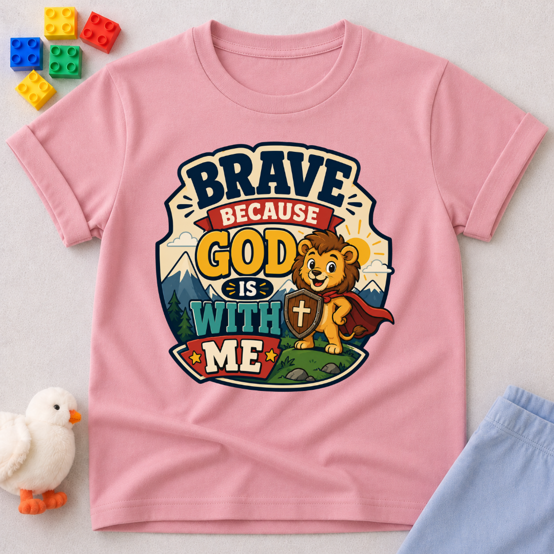Brave Because Jesus Is With Me Christian kids shirt in pink featuring a brave lion and faith message
