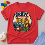 Brave Because Jesus Is With Me Christian kids shirt in red featuring a brave lion and faith message
