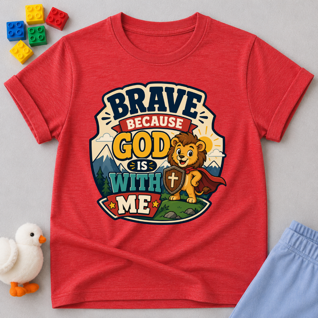 Brave Because Jesus Is With Me Christian kids shirt in red featuring a brave lion and faith message
