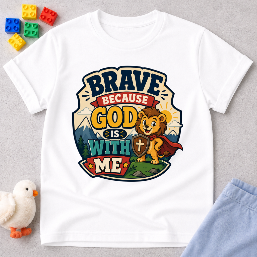 Brave Because Jesus Is With Me Christian kids shirt in white featuring a brave lion and faith message
