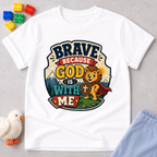 Brave Because Jesus Is With Me Christian kids shirt in white featuring a brave lion and faith message

