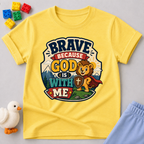 Brave Because Jesus Is With Me Christian kids shirt in yellow featuring a brave lion and faith message
