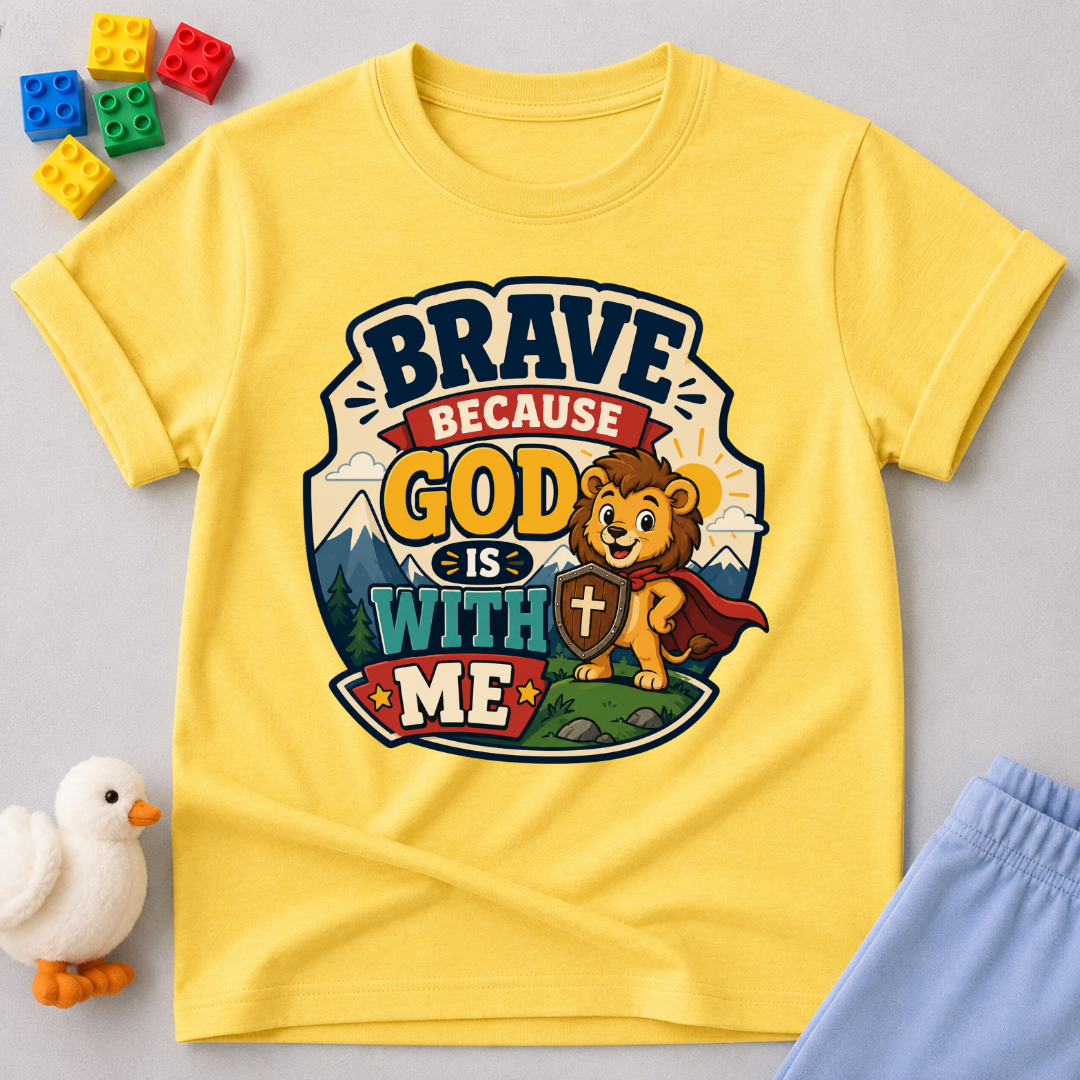 Brave Because Jesus Is With Me Christian kids shirt in yellow featuring a brave lion and faith message
