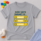 Brave Kind And Deeply Loved Christian kids shirt in Gray featuring colorful biblical affirmations