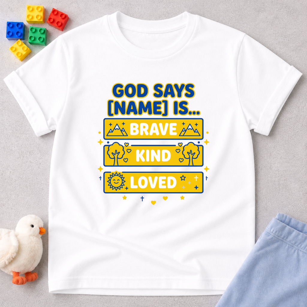 Brave Kind And Deeply Loved Christian kids shirt in White featuring colorful biblical affirmations