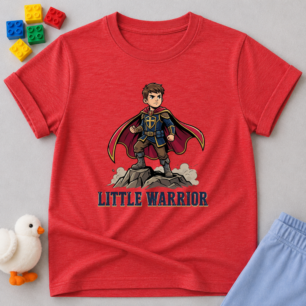 Brave Kingdom Warrior Christian kids shirt in Red featuring a young warrior faith character