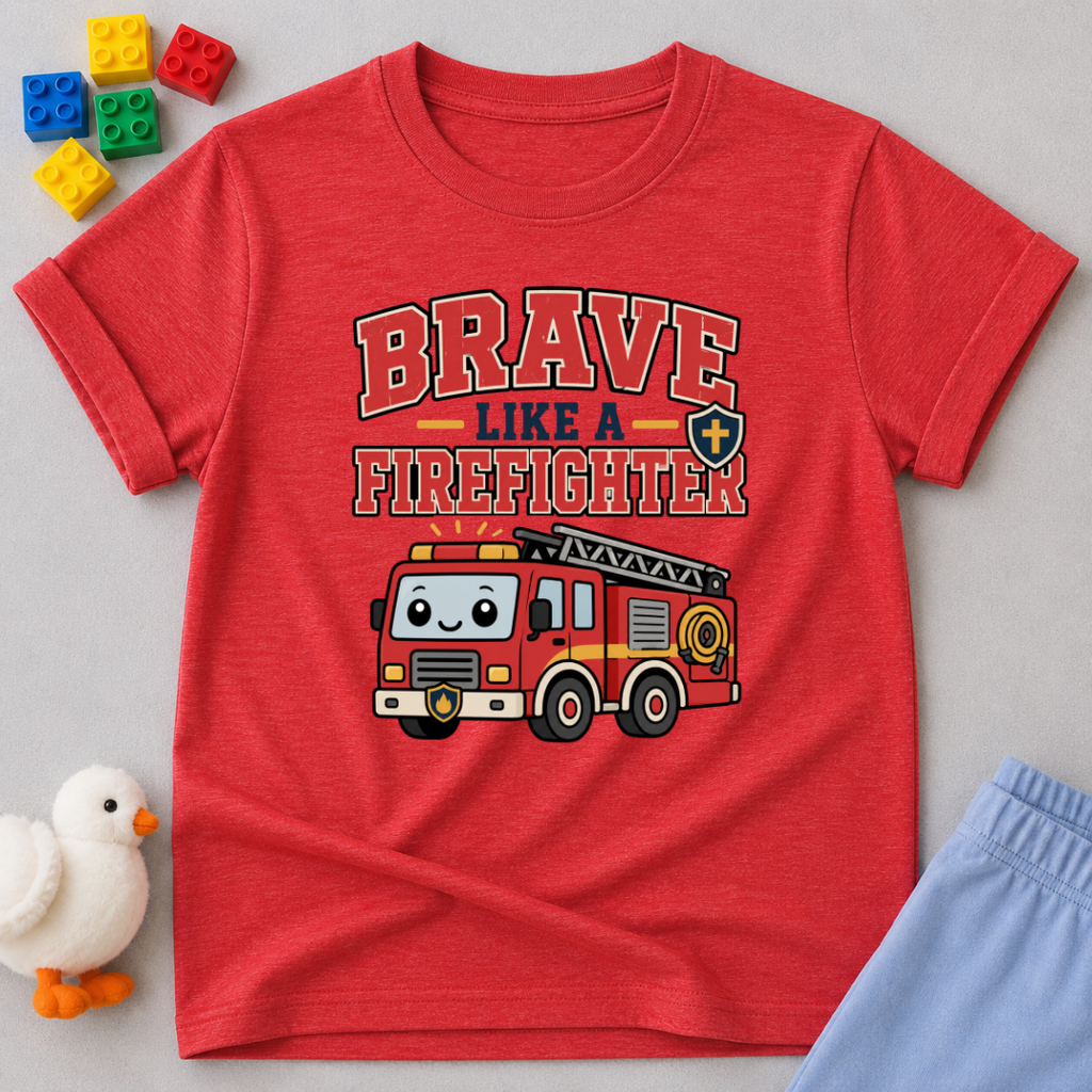 Brave Like a Firefighter Shirt Christian kids shirt in red featuring a fire truck and courage-themed design
