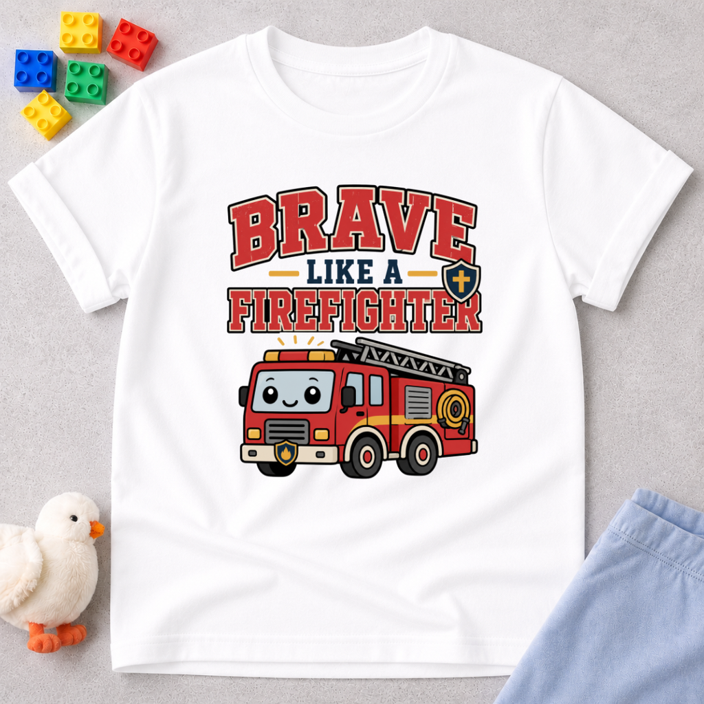Brave Like a Firefighter Shirt Christian kids shirt in white featuring a fire truck and courage-themed design
