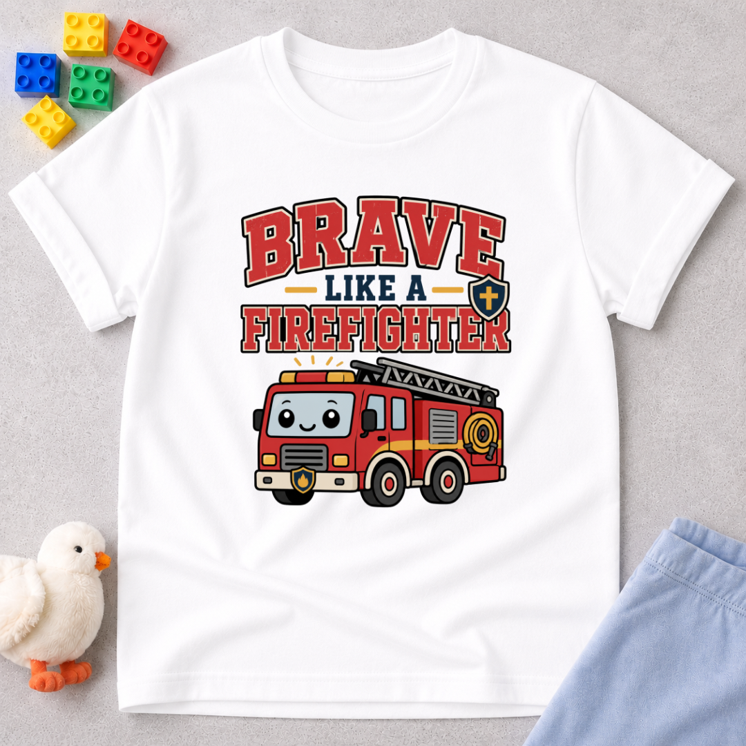 Brave Like a Firefighter Shirt Christian kids shirt in white featuring a fire truck and courage-themed design
