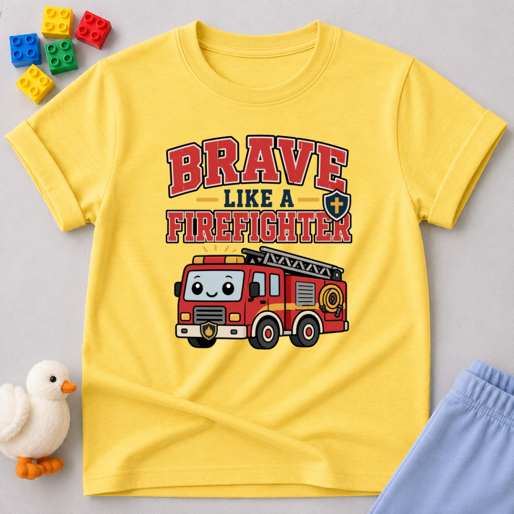 Brave Like a Firefighter Shirt Christian kids shirt in yellow featuring a fire truck and courage-themed design

