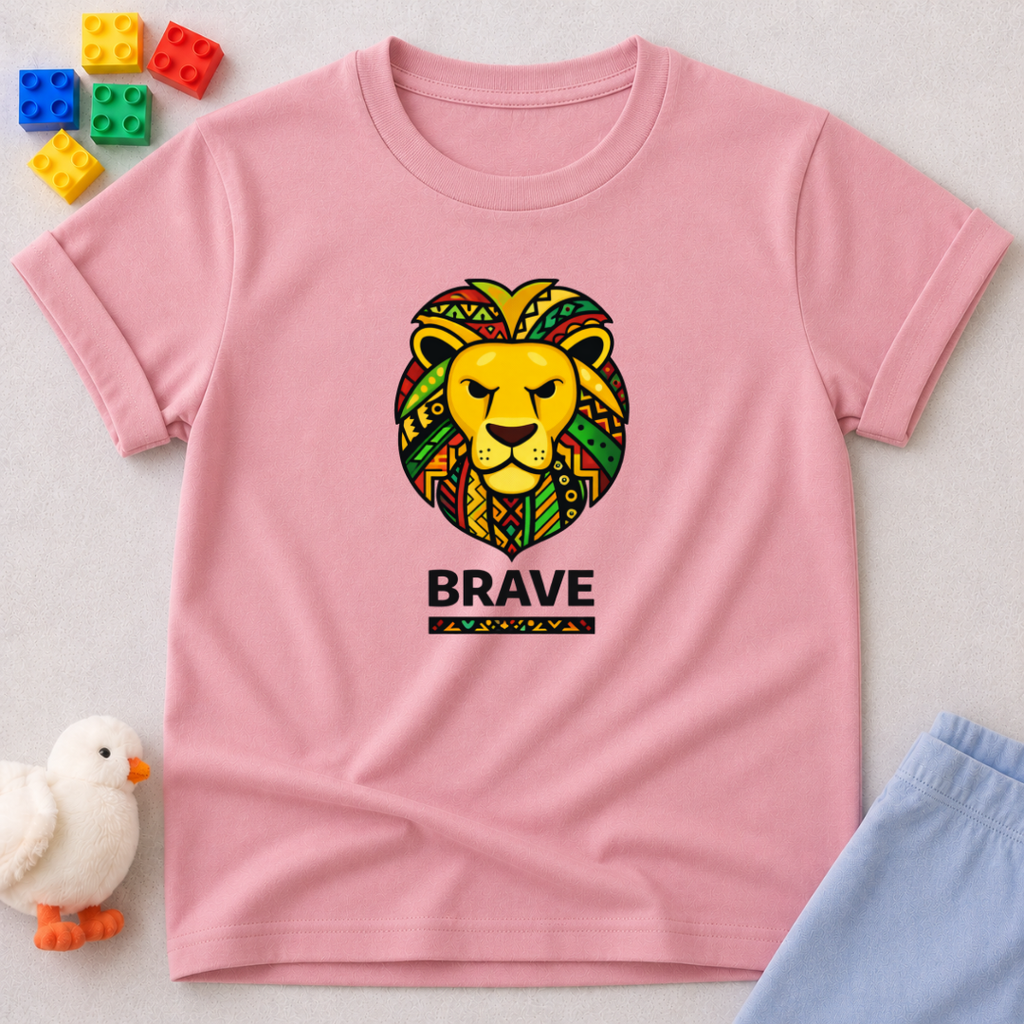 Brave Lion Faith Shirt Christian kids shirt in Pink featuring Lion of Judah artwork and courage message