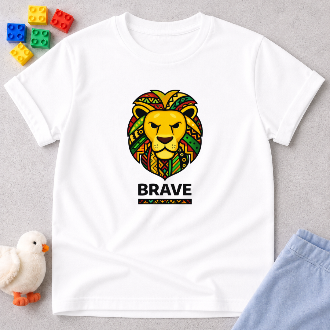 Brave Lion Faith Shirt Christian kids shirt in White featuring Lion of Judah artwork and courage message