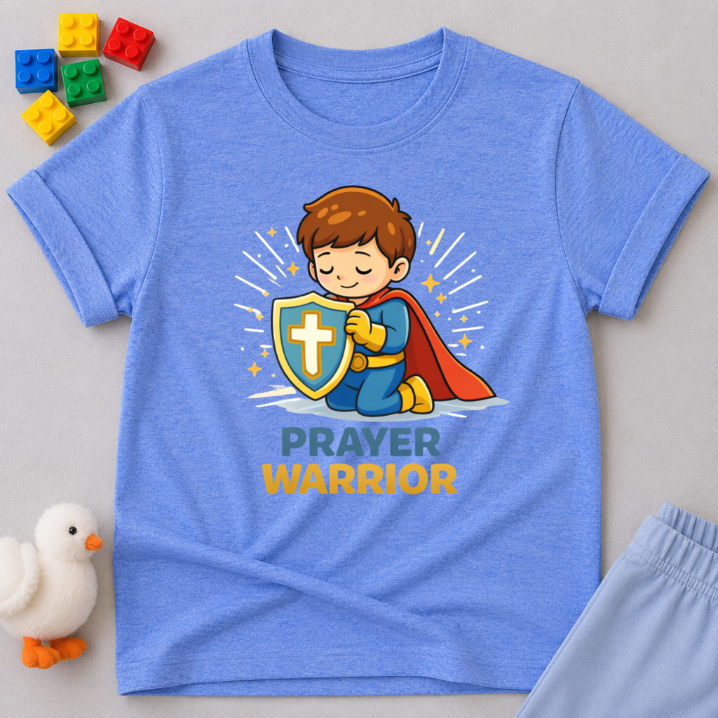 Brave Prayer Champion Christian kids shirt in Blue featuring a young boy prayer warrior character