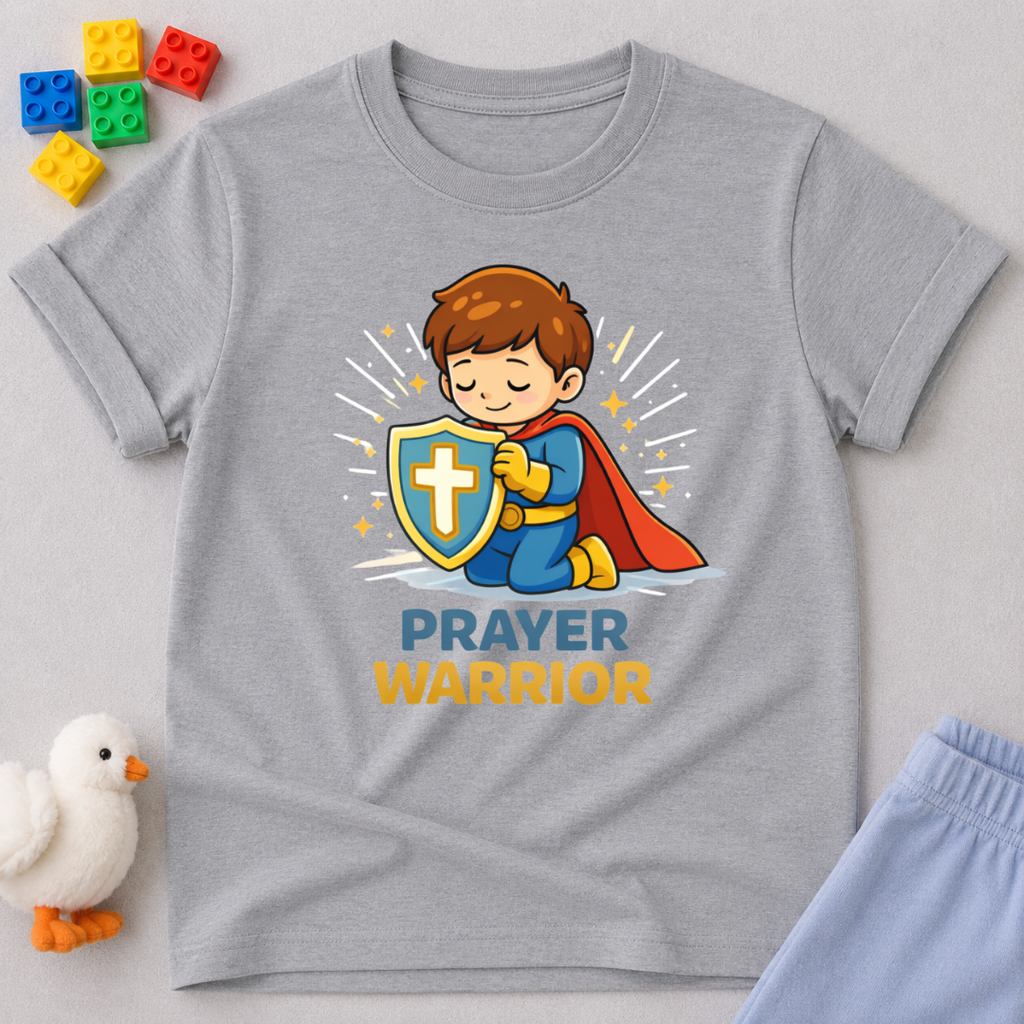 Brave Prayer Champion Christian kids shirt in Gray featuring a young boy prayer warrior character