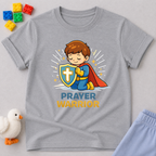 Brave Prayer Champion Christian kids shirt in Gray featuring a young boy prayer warrior character