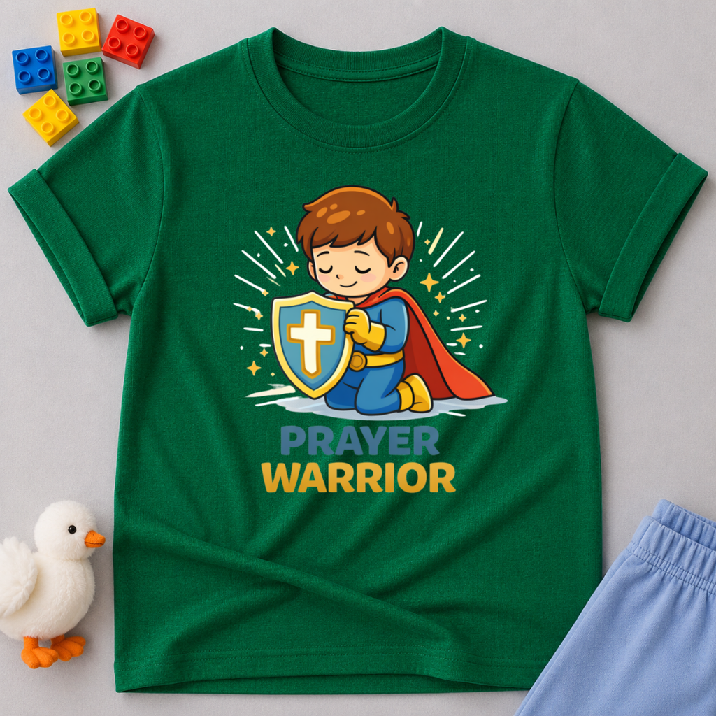 Brave Prayer Champion Christian kids shirt in Green featuring a young boy prayer warrior character