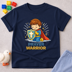Brave Prayer Champion Christian kids shirt in Navy featuring a young boy prayer warrior character
