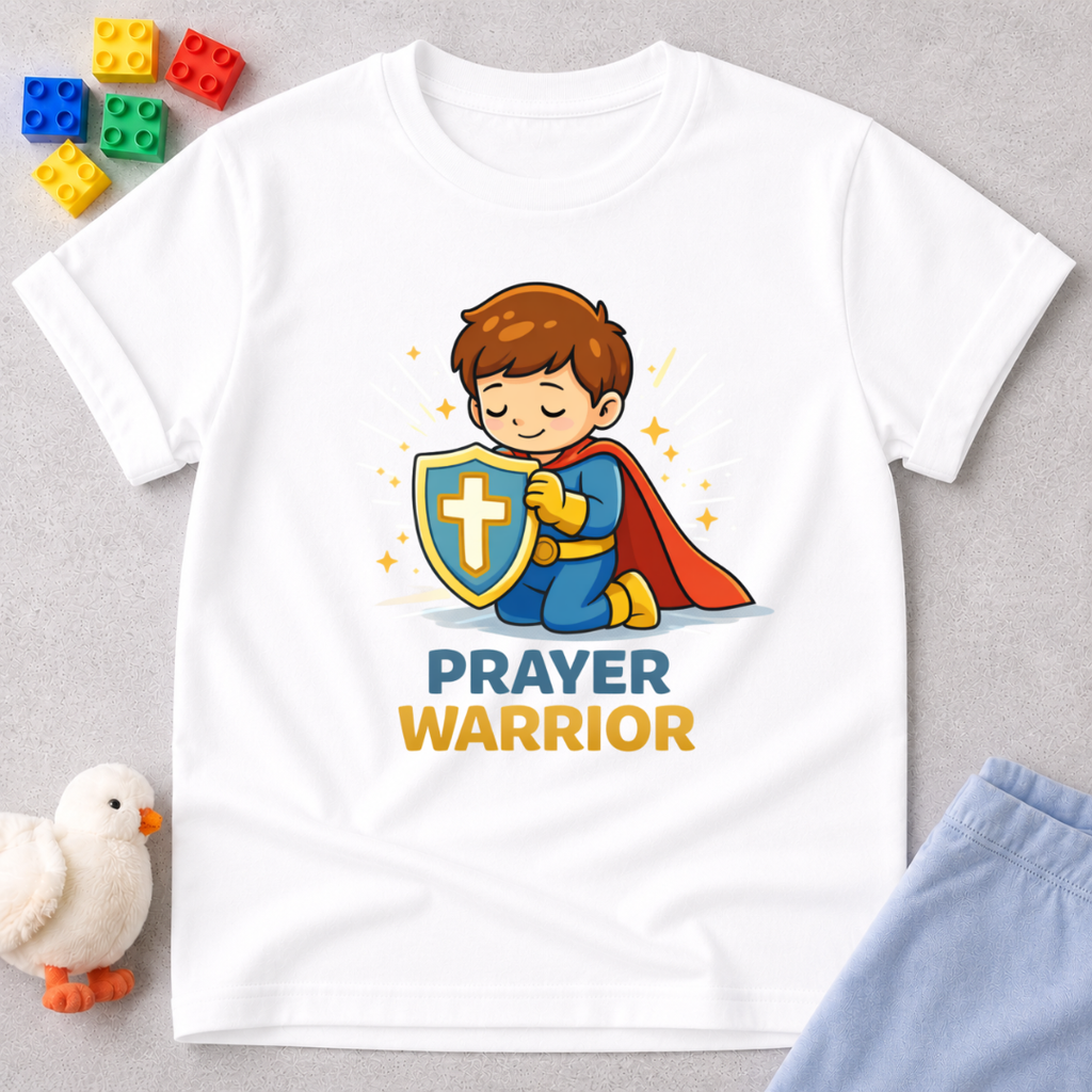 Brave Prayer Champion Christian kids shirt in White featuring a young boy prayer warrior character