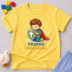 Brave Prayer Champion Christian kids shirt in Yellow featuring a young boy prayer warrior character