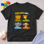 Brave Strong Kind And Patient Christian kids shirt in Black featuring animal characters and positive faith affirmations