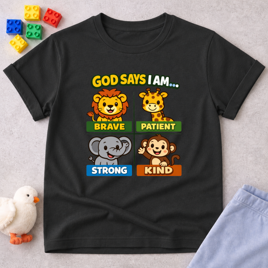 Brave Strong Kind And Patient Christian kids shirt in Black featuring animal characters and positive faith affirmations