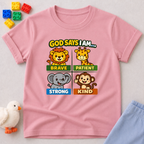 Brave Strong Kind And Patient Christian kids shirt in Pink featuring animal characters and positive faith affirmations