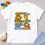Brave Strong Kind And Patient Christian kids shirt in White featuring animal characters and positive faith affirmations