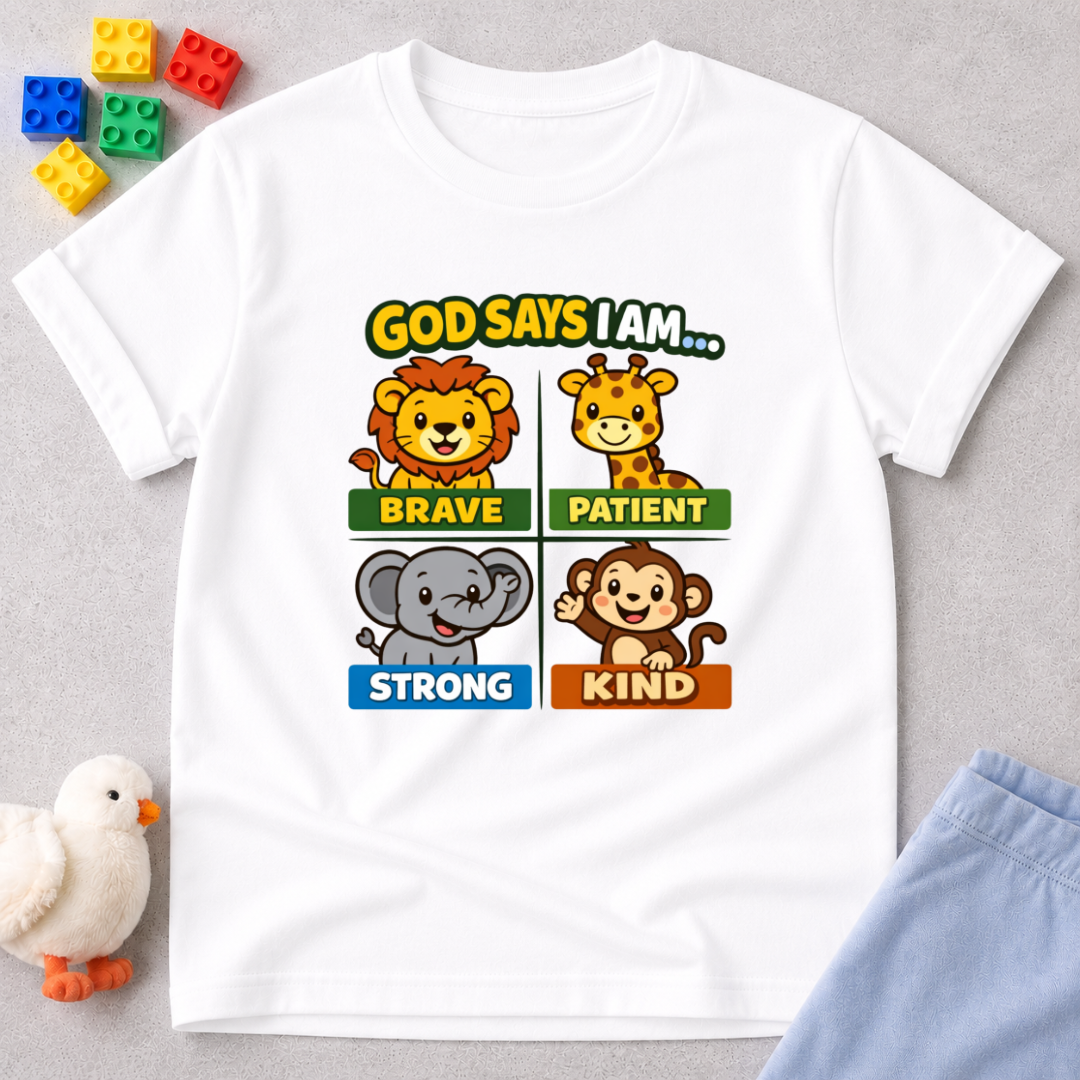 Brave Strong Kind And Patient Christian kids shirt in White featuring animal characters and positive faith affirmations