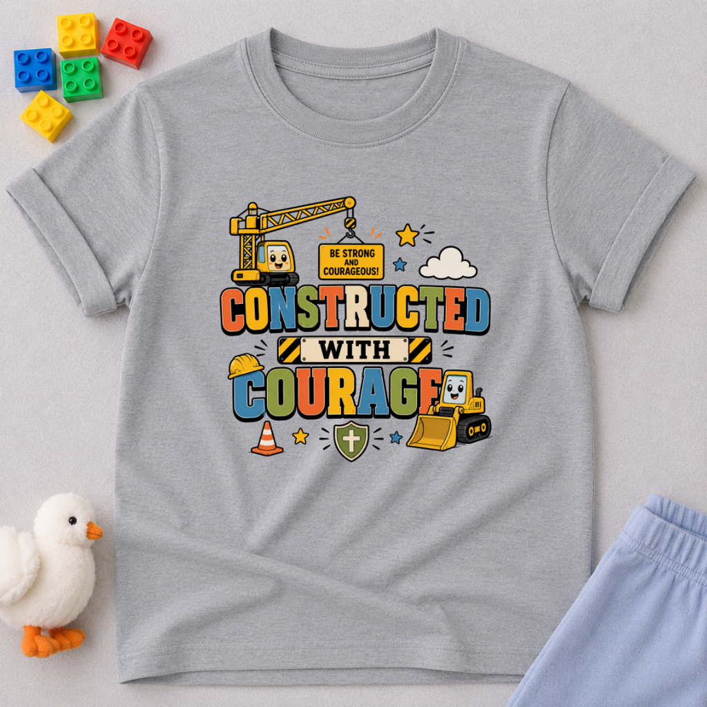 Built for Brave Adventures Shirt Christian kids shirt in gray featuring construction vehicles and courage-themed artwork

