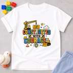 Built for Brave Adventures Shirt Christian kids shirt in white featuring construction vehicles and courage-themed artwork
