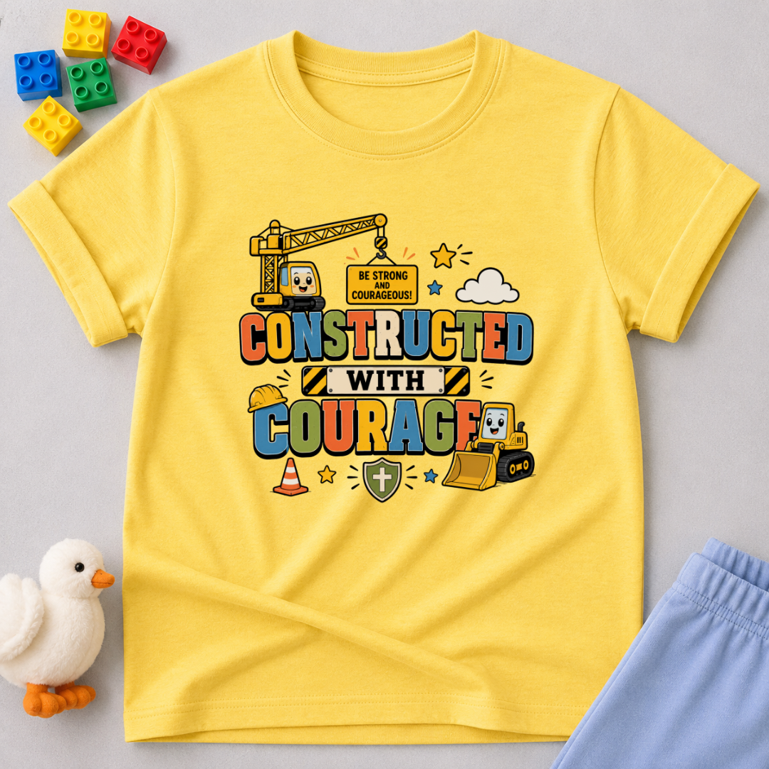Built for Brave Adventures Shirt Christian kids shirt in yellow featuring construction vehicles and courage-themed artwork
