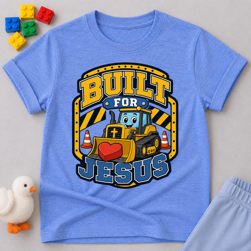 Built for Jesus Crew Christian kids shirt in blue featuring construction equipment and bold lettering
