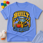 Built for Jesus Crew Christian kids shirt in blue featuring construction equipment and bold lettering
