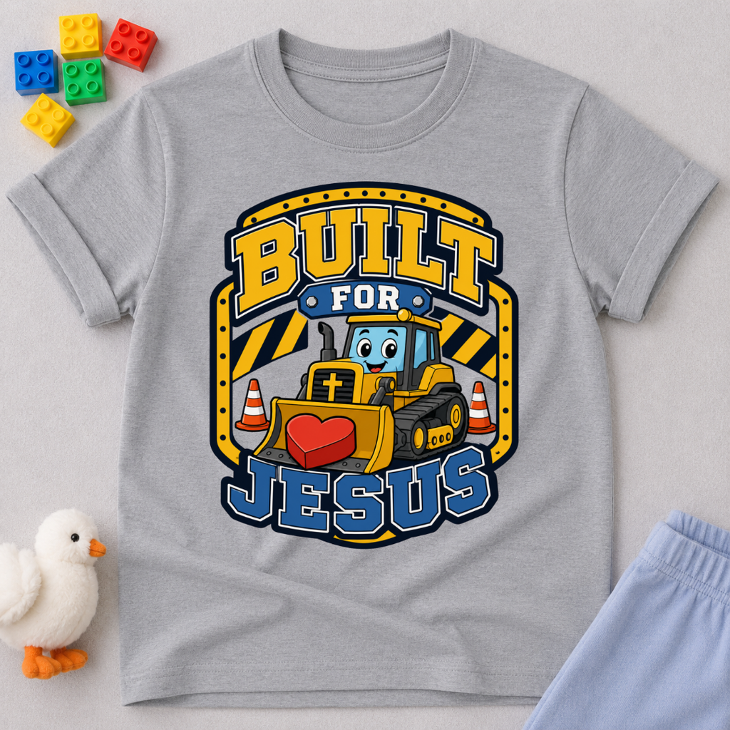 Built for Jesus Crew Christian kids shirt in gray featuring construction equipment and bold lettering
