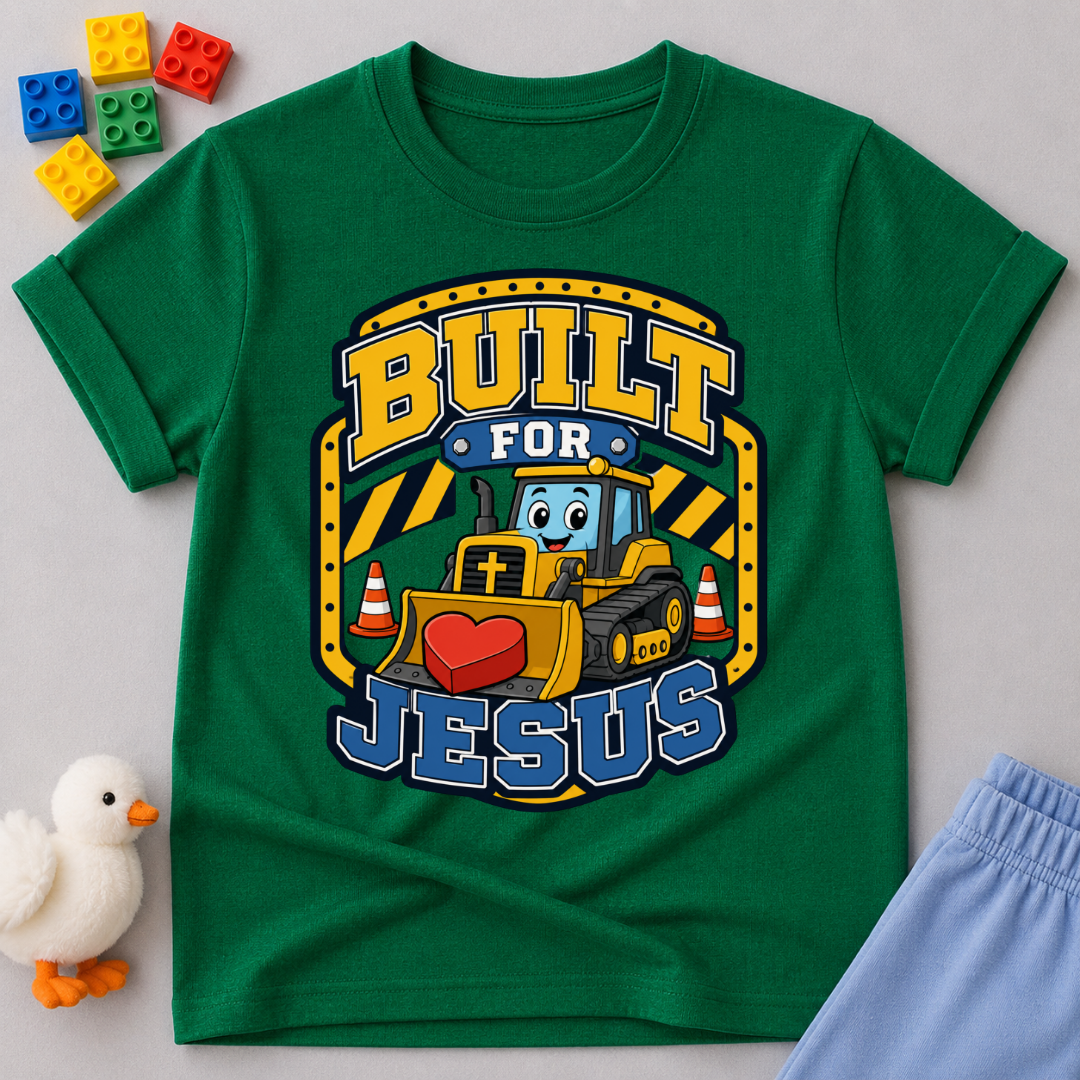 Built for Jesus Crew Christian kids shirt in green featuring construction equipment and bold lettering

