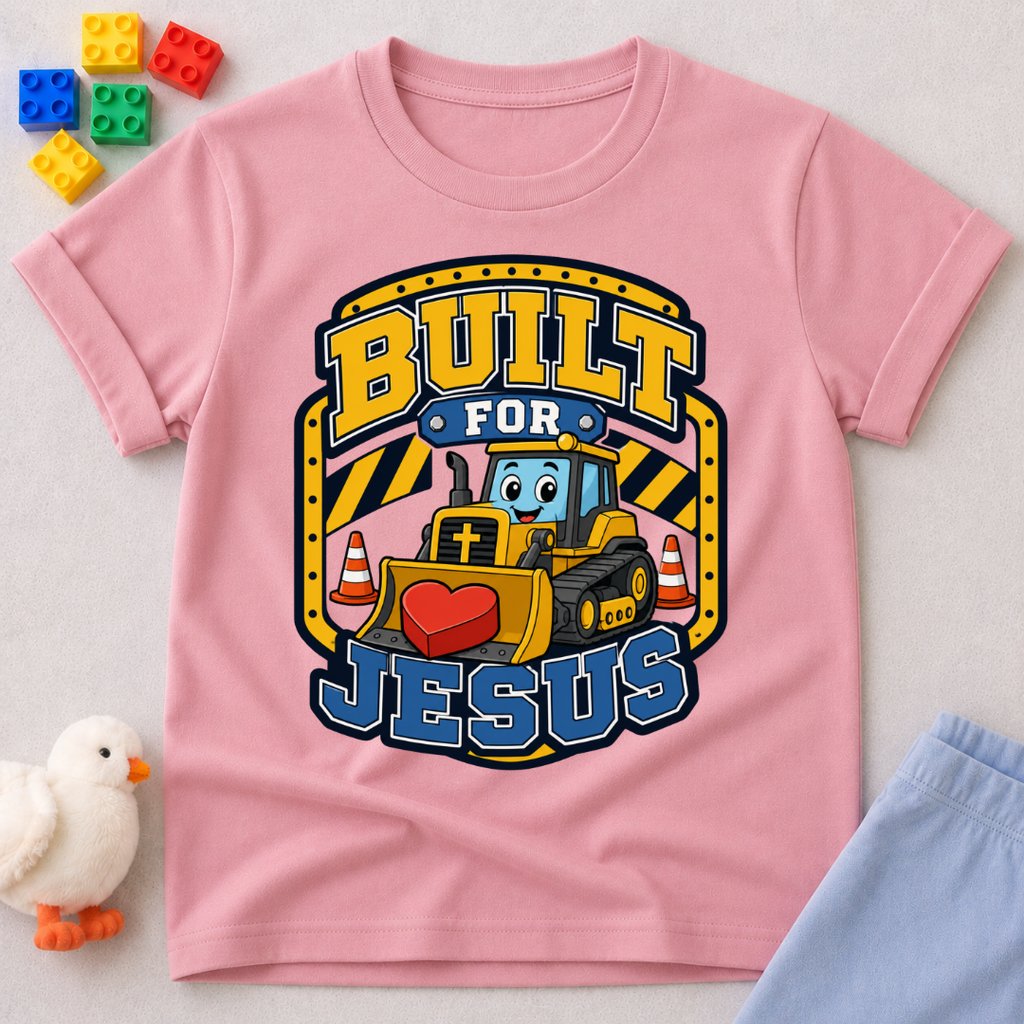 Built for Jesus Crew Christian kids shirt in pink featuring construction equipment and bold lettering
